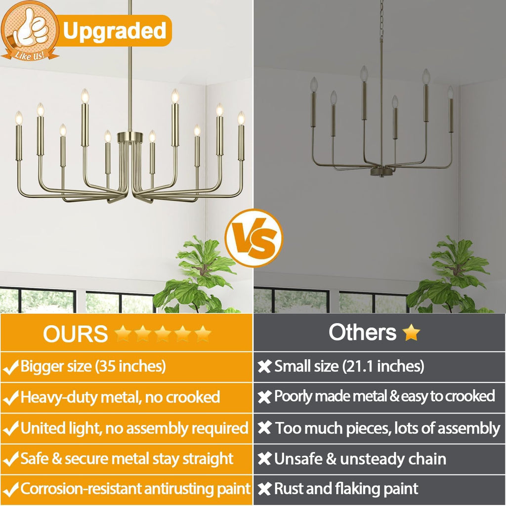 Lynnoland Brass 10-Light Farmhouse Chandelier for Dining Room Lighting Fixtures Hanging, Vintage Candle Pendant Light Fixtures Chandelier for Bedroom, Foyer and Living Room