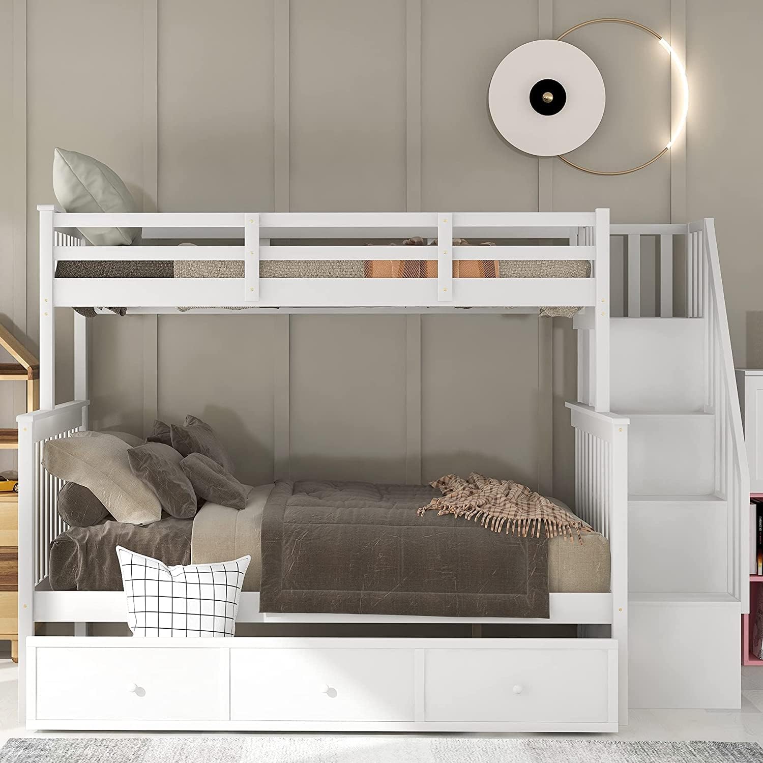 Twin Over Full Bunk Bed with 3 Drawers and Staircase,Can be Separated into 2 Beds,Wood Floor Bunk Bed Frame with Storage Shelf and Full-Length Safety Guardrail for Kids Teens Adults,Space Saving,White