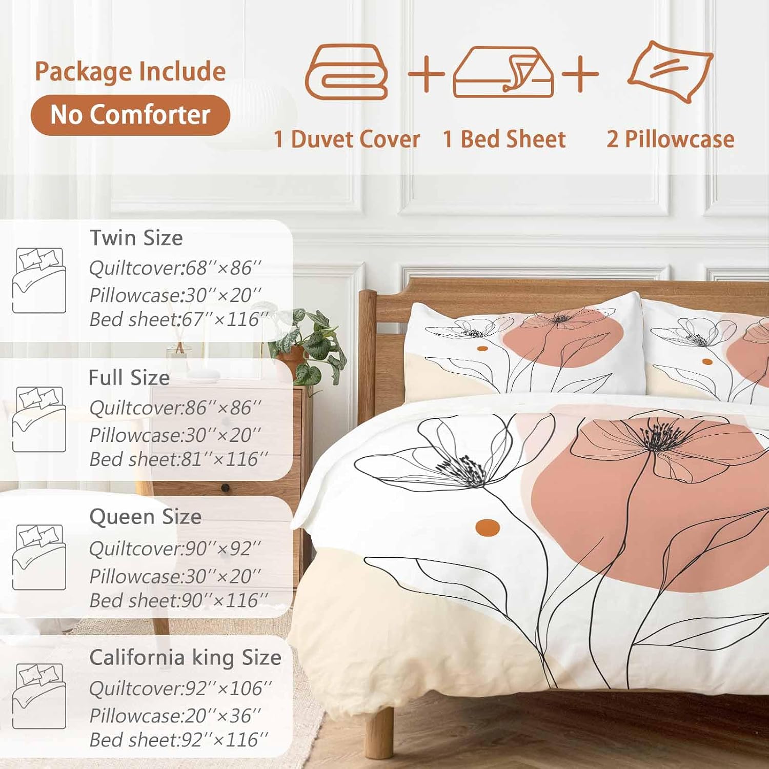 Prime Leader Floral Line Duvet Cover Set Queen Size 4 Pieces Minimalist Flower Modern Bedding Set with Zipper Closure, 1 Comforter Cover 90x92 Inches 1 Flat Sheet & 2 Pillow Cases