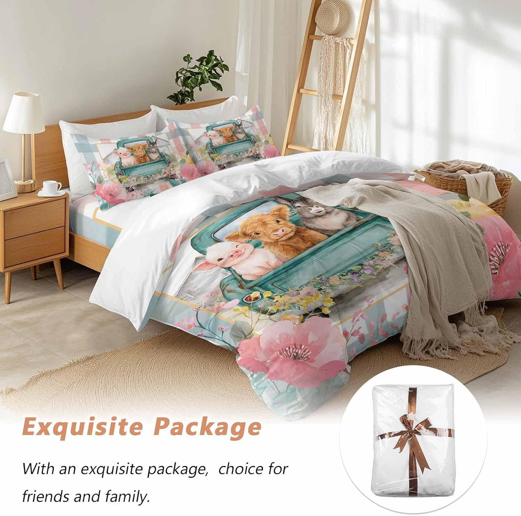 Farm Animals Duvet Cover Set Queen Size 4 Pieces Funny Pig Cow Donkey Retro Truck Spring Floral Bedding Set with Zipper Closure, 1 Comforter Cover 90x92 Inches 1 Flat Sheet & 2 Pillow Cases