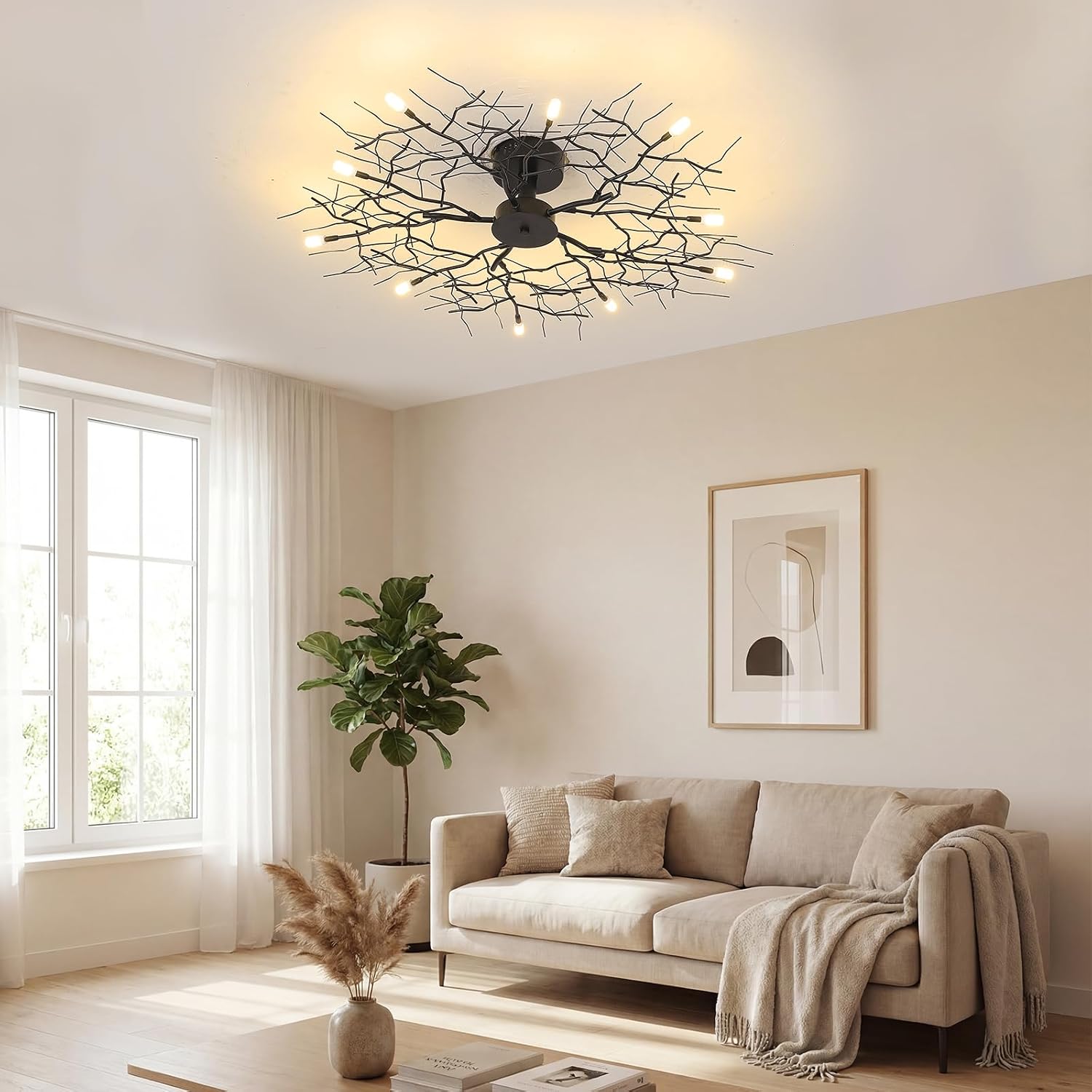 37' Large Semi Flush Mount Ceiling Light Fixture,Black Modern Chandelier with Branch Shapes,10-Lights Industrial Close to Ceiling Light Fixtures for Living Room Bedroom Kitchen Dining Room