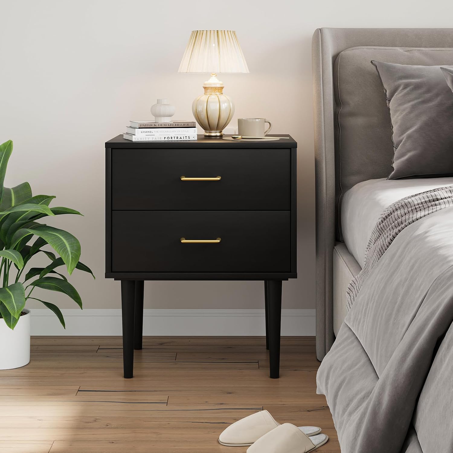 Modern Black Bedside Cabinet with Metal Handles | 2-Drawer Nightstand Set of 2, Solid Wood Legs & Metal Slides for Bedroom Living Room