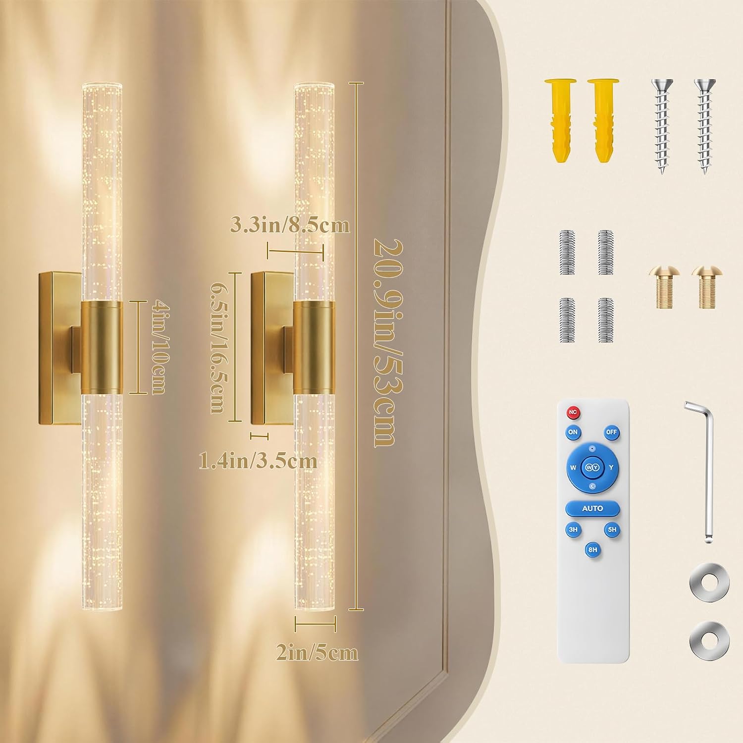camuucci Battery Operated Wall Sconces Set of 2 Rechargeable Battery Powered Wall Light with 12000mAh Not Hardwired Dimmable Wall Lamp Fixtures for Bedroom Living Room Gold 20.9 Inches
