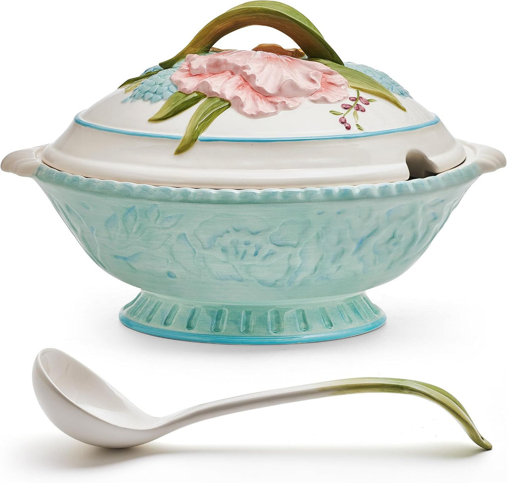 Fitz and Floyd Meadow Tureen Covered Serving Bowl with Ladle, 3.5 Quart