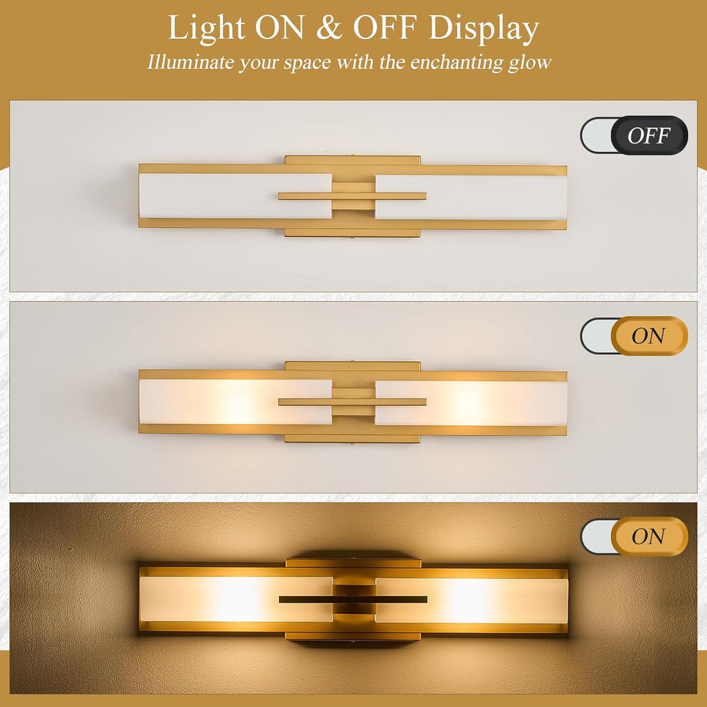 VitaLink Gold Vanity Light, 24' Modern Bathroom Wall Light Over Vanity Mirror 2-Light Hardwired Milky White Glass Wall Light for Bedroom Living Room Dining Room Hallway