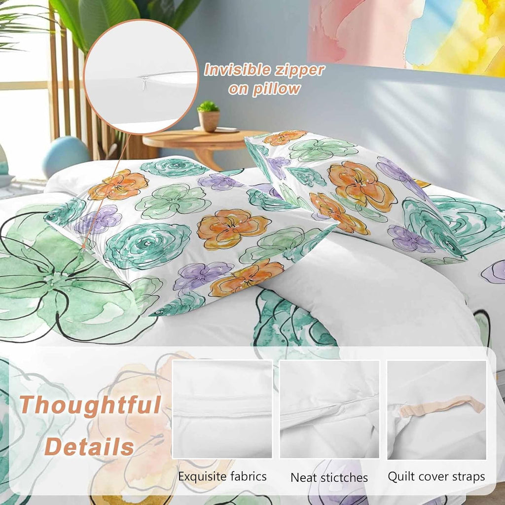 Abstraction Art Duvet Cover Set Queen Size 4 Pieces Watercolors Flowers Minimalist Lines Modern Bedding Set with Zipper Closure, 1 Comforter Cover 92x106 Inches 1 Flat Sheet & 2 Pillow Cases
