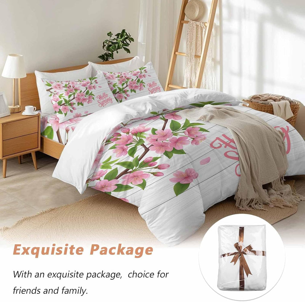 Hello Spring Floral Duvet Cover Set Queen Size 4 Pieces Watercolor Flower Green Leaves Wood Grain Bedding Set with Zipper Closure, 1 Comforter Cover 86x86 Inches 1 Flat Sheet & 2 Pillow Cases