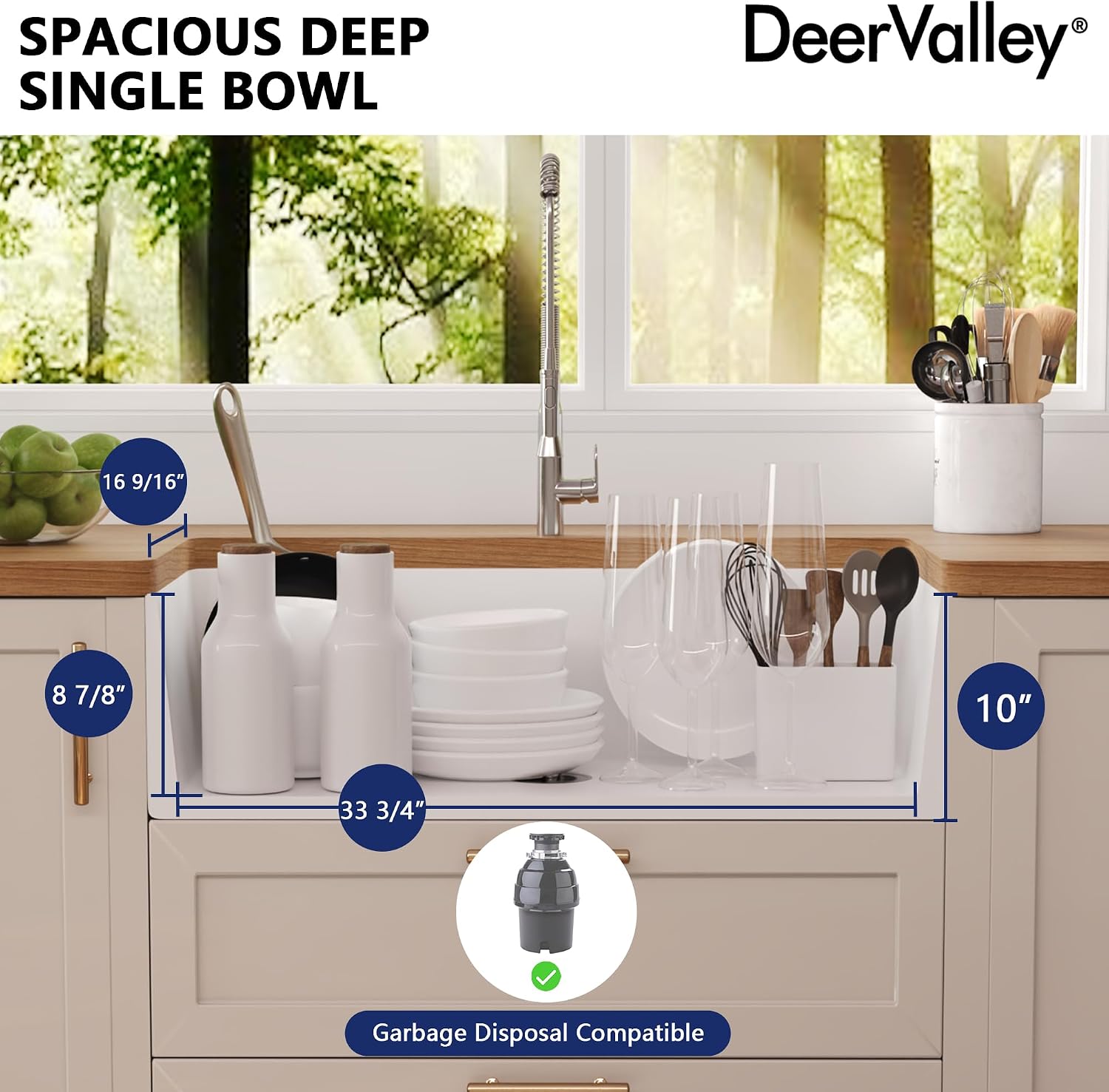 DeerValley Solstice Fireclay Farmhouse Sinks, 35.6'L x 18'W Farmhouse Kitchen Sink White Large Single Bowl Farm Sink Reversible Apron Front with Sink Grid and Basket Strainer
