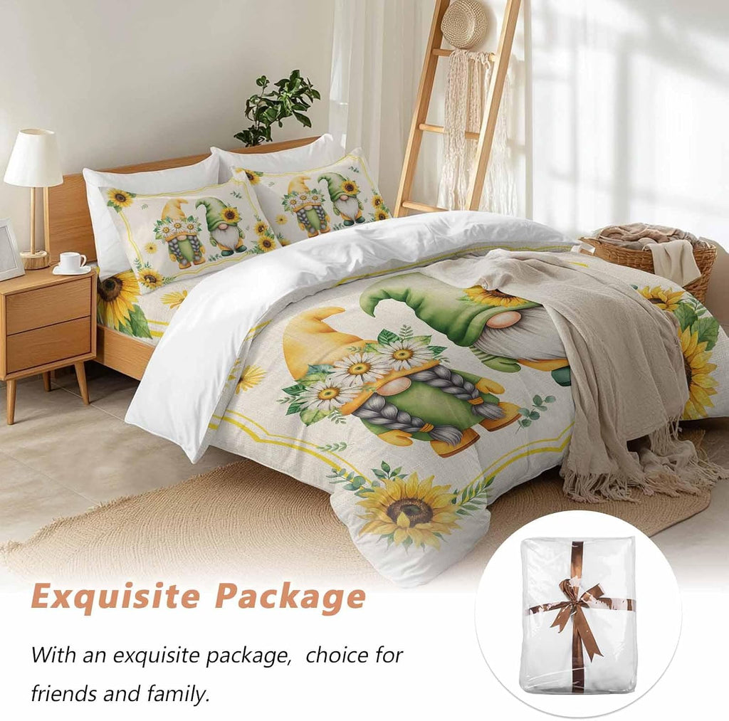 Summer Dwarfs Duvet Cover Set Queen Size 4 Pieces Yellow Sunflower Daisy Field Plant Vintage Bedding Set with Zipper Closure, 1 Comforter Cover 92x106 Inches 1 Flat Sheet & 2 Pillow Cases