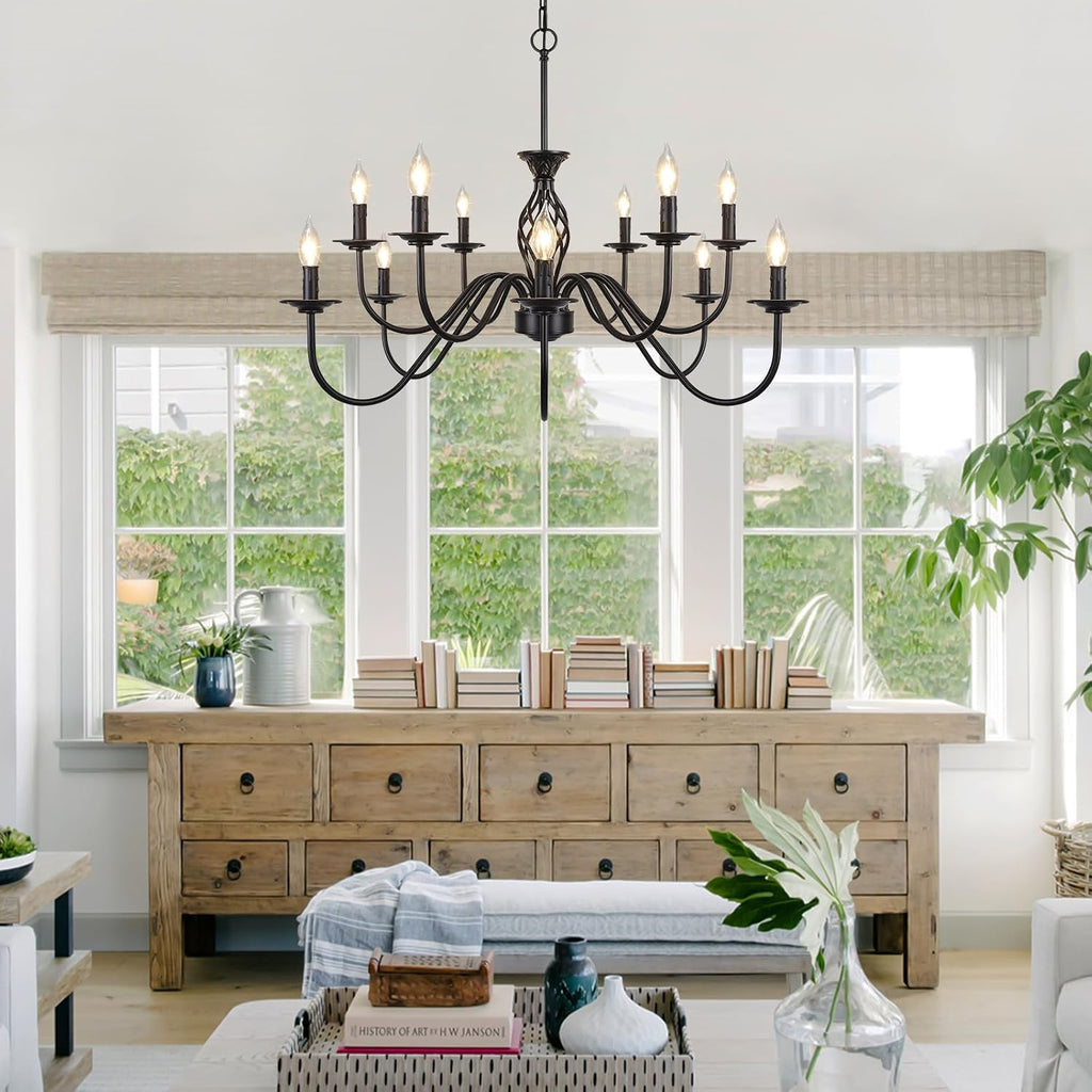 12-Light Farmhouse Candle Chandelier for Living Room, Rustic Industrial Pendant Ceiling Light fixture, Vintage Hanging Lamp for Bedroom Hallway Kitchen Dining Room Foyer, Matte Black E12 Socket