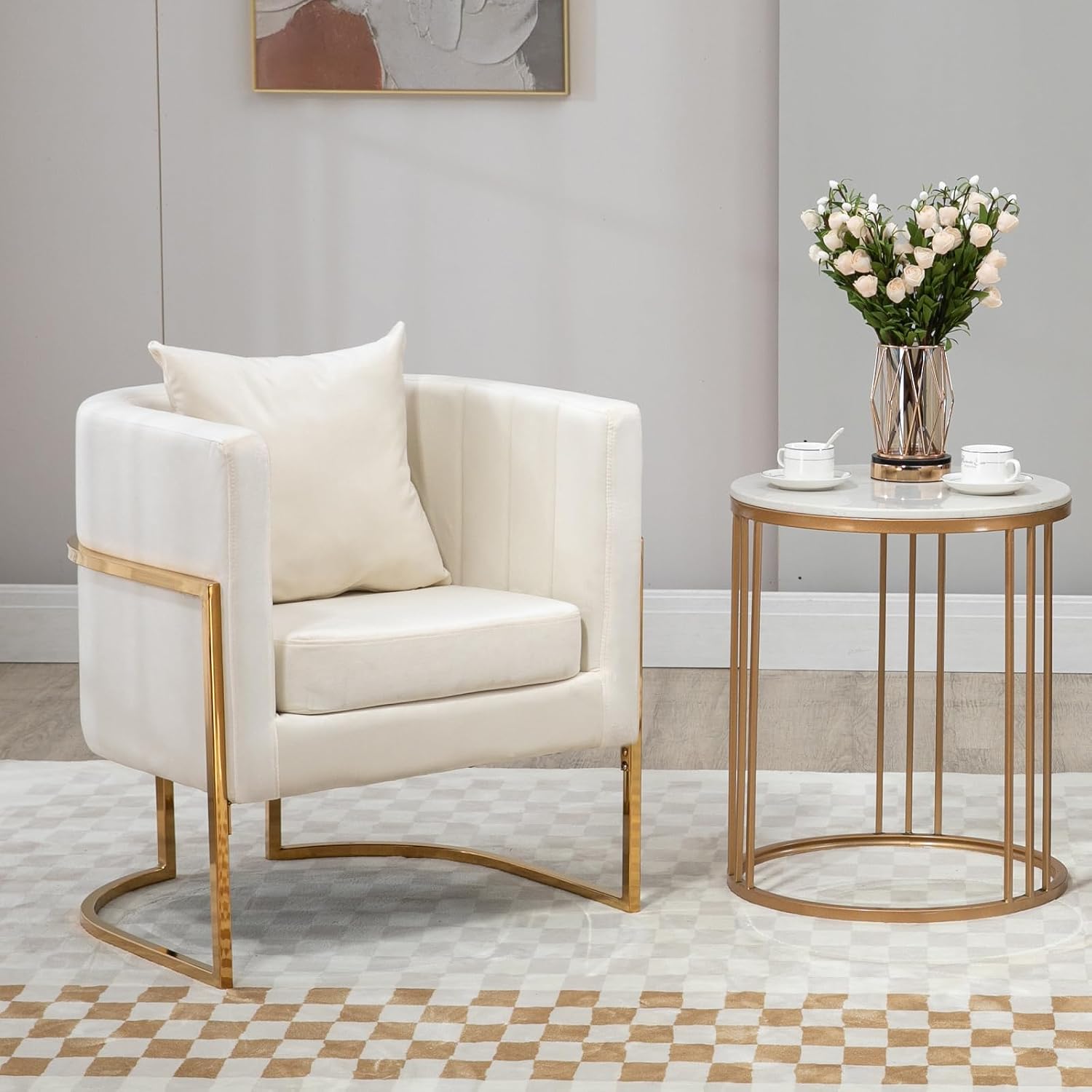 Velvet Accent Chairs Set of 2, Mid Century Modern Upholstered Barrel Armchair with Pillow for Living Room, Comfy Single Club Chair with Metal Gold Legs for Bedroom, White