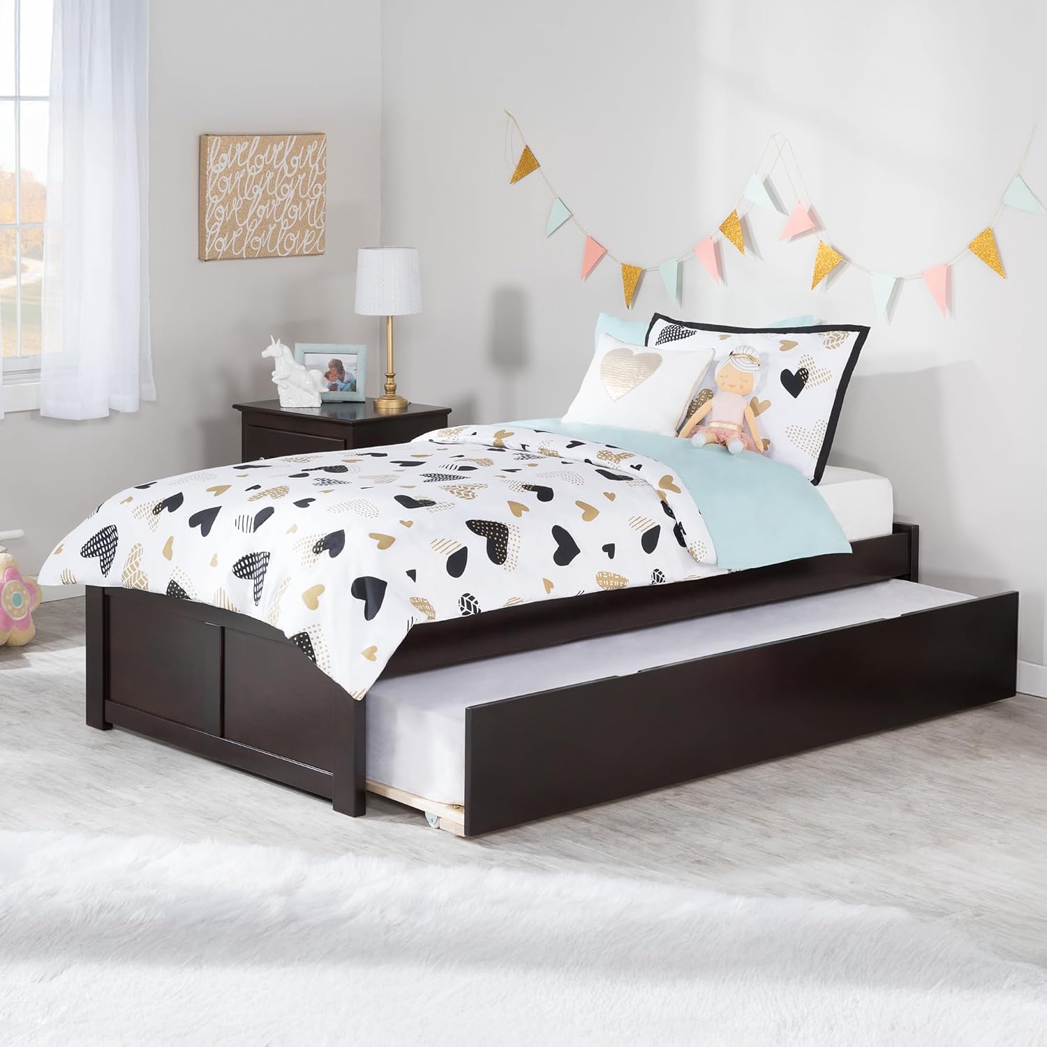 AFI Concord Twin XL Size Platform Bed with Footboard & Twin XL Trundle in Espresso