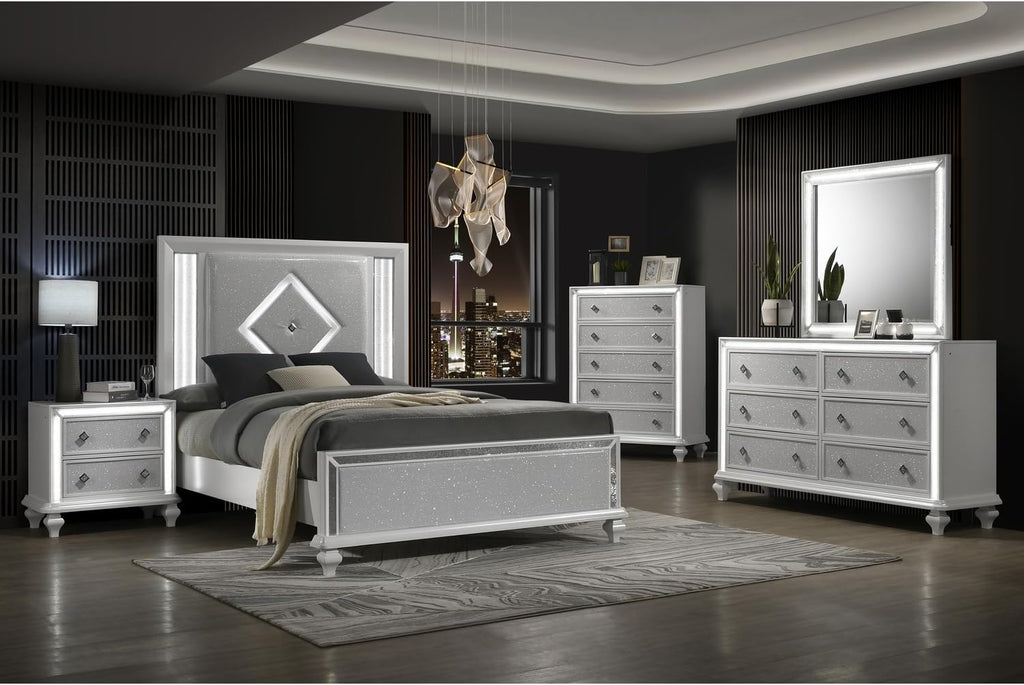 HomeStock White Bed Frame with Lights - Modern Bedroom Furniture - Headboard & Footboard Queen