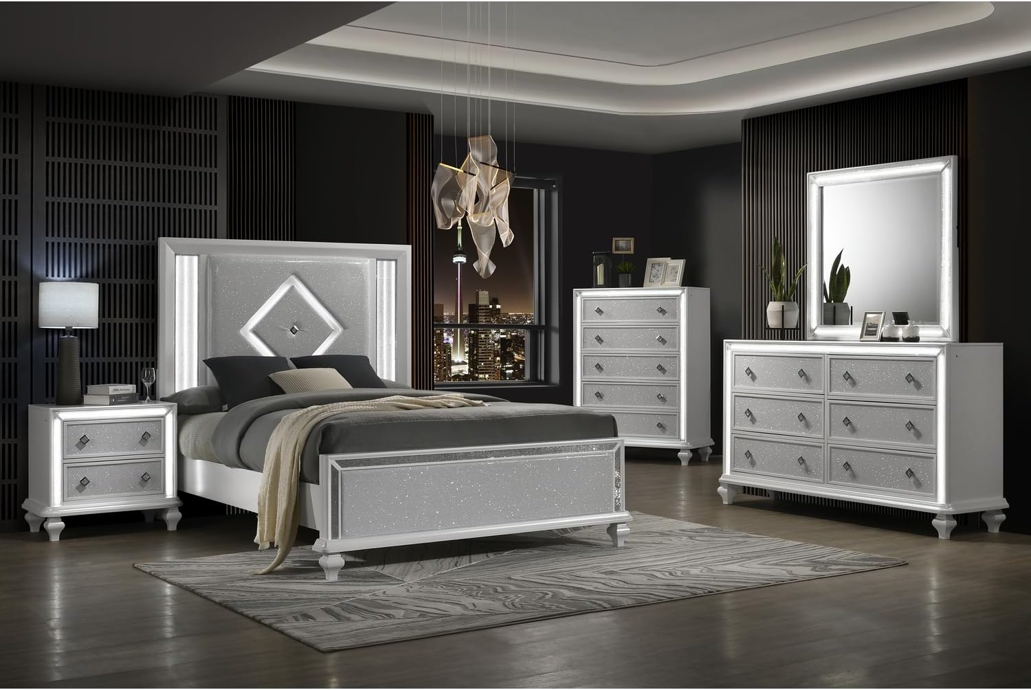 HomeStock White Bed Frame with Lights - Modern Bedroom Furniture - Headboard & Footboard Queen