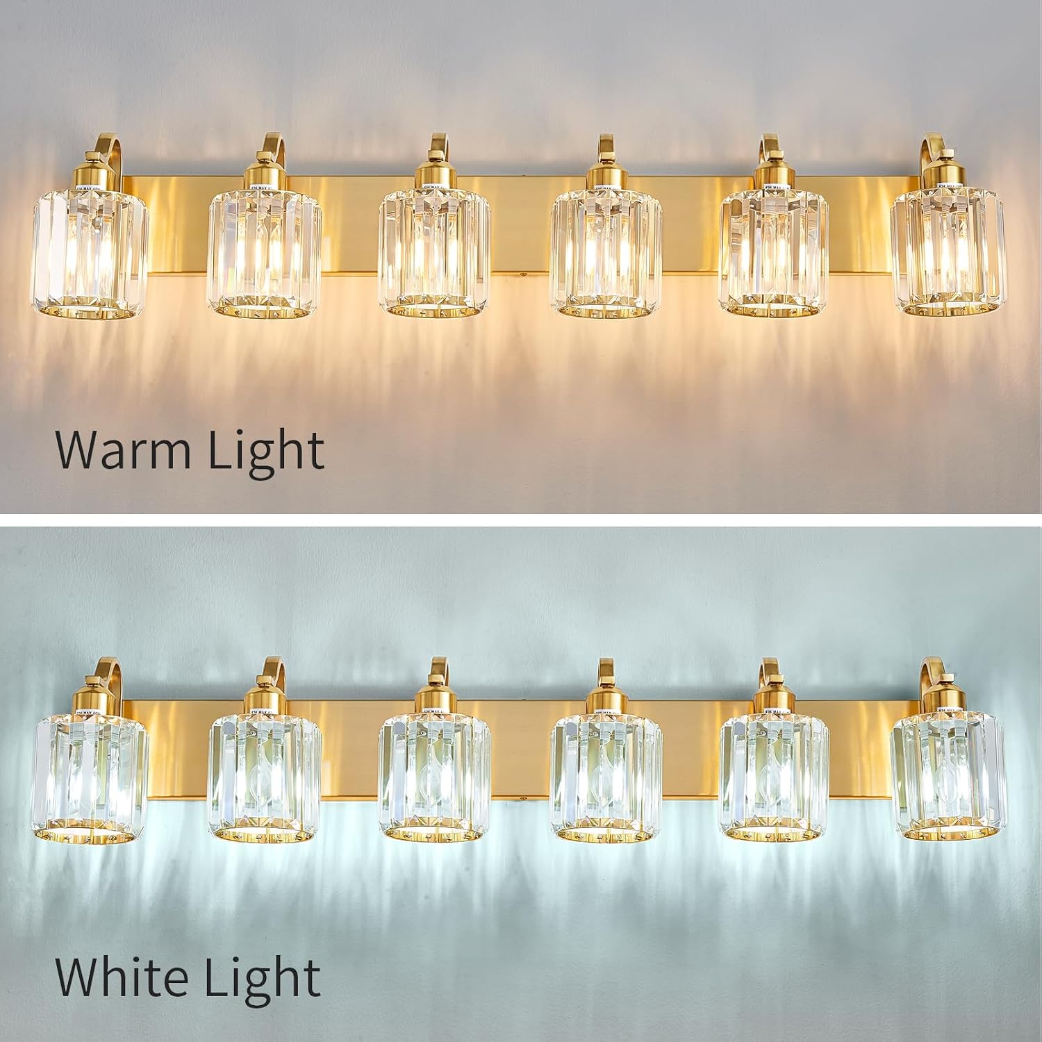 Modern Bathroom Vanity Light 6-Lights Brass Gold Vanity Light Crystal Wall Light Bathroom Light Fixtures with Round Shade (Exclude Bulb)