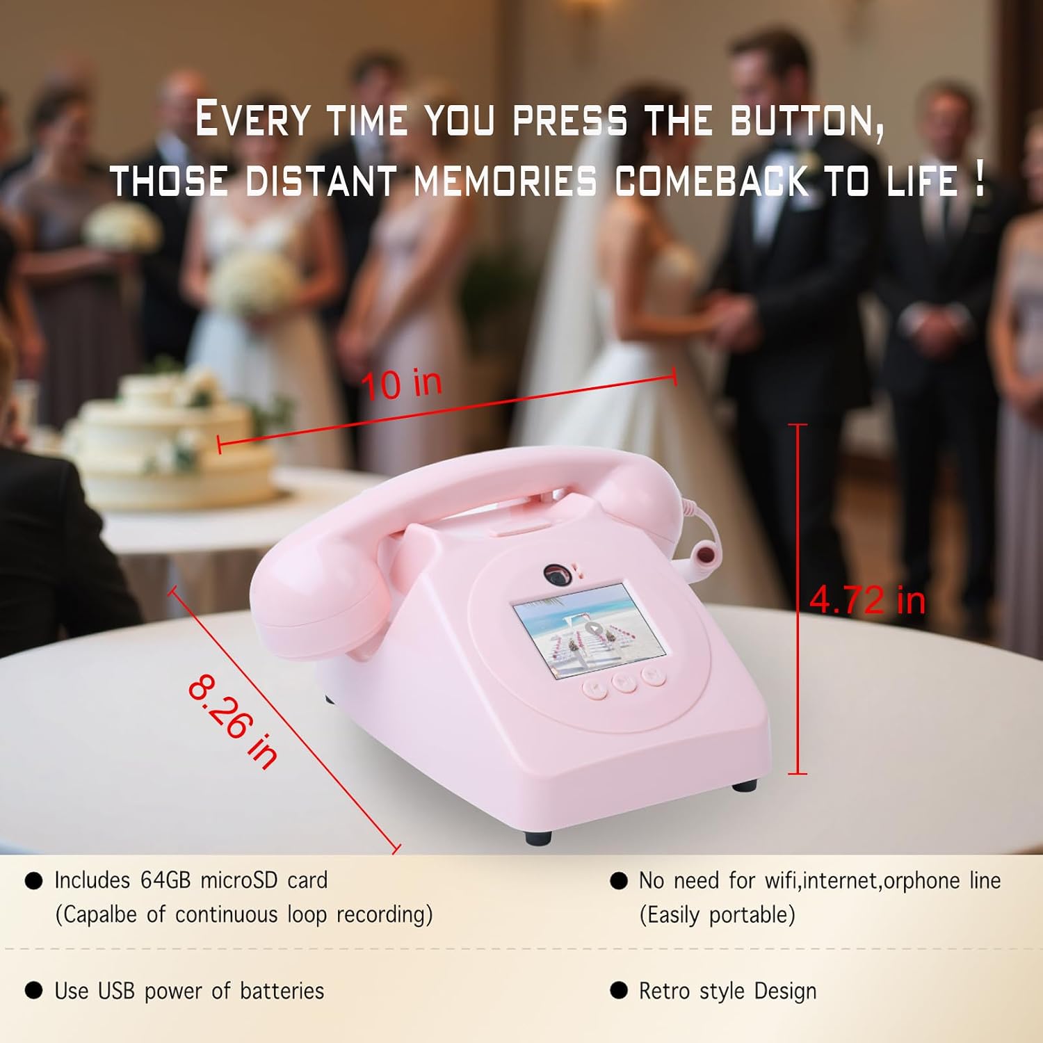 Video Audio Guest Book Wedding Phone, 1080P HD Video Audio Phone Guestbook, Preserve Your Special Occasions, Ideal for Wedding Bridal Shower, Birthday, Graduations, Baby Shower (Pink)