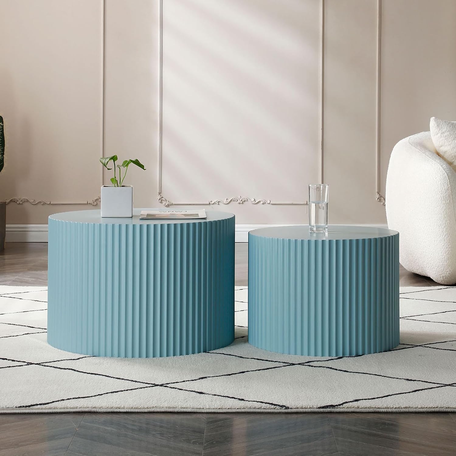 Modern Nesting Coffee Table, Round Wood End Table Set of 2 for Small Space, Living Room - Blue