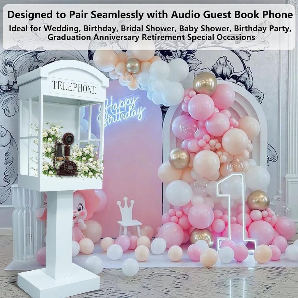 Audio Guest Book Phone Booth Stand with Wheels, Romantic Metal Audio Guestbook Telephone Booth for Wedding Birthdays Party Graduation Baby Shower Retirement Special Occasions Decoration