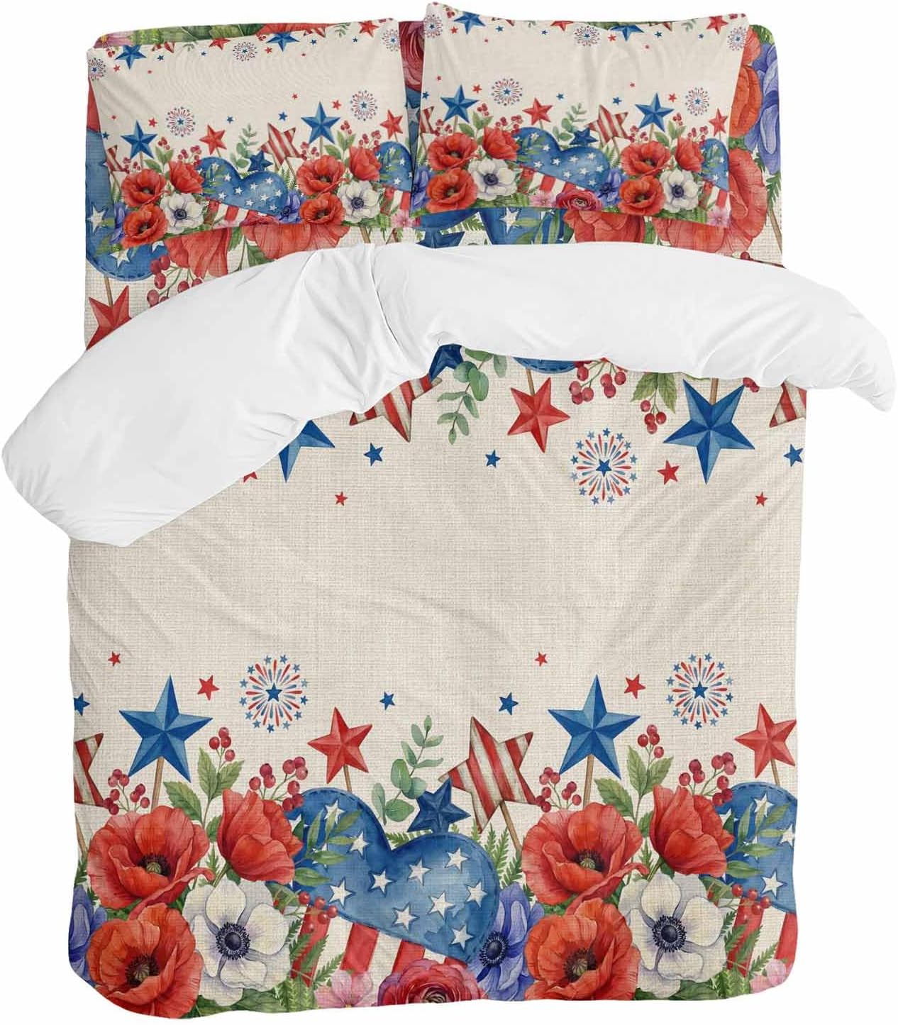 Independence Day Duvet Cover Set Queen Size 4 Pieces Blue Red White Floral Flower Love Heart Retro Bedding Set with Zipper Closure, 1 Comforter Cover 92x106 Inches 1 Flat Sheet & 2 Pillow Cases