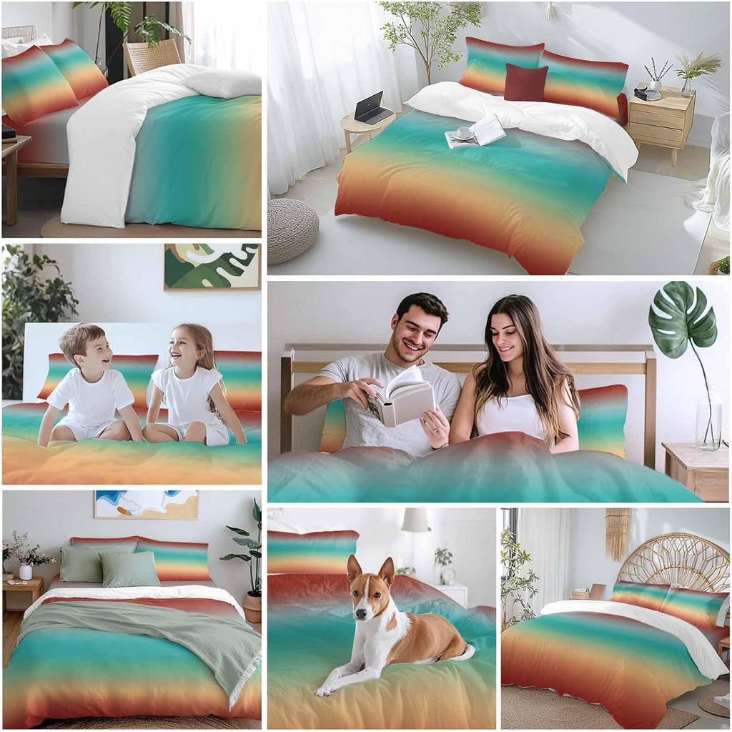 Bohemian Gradient Red Duvet Cover Set Queen Size 4 Pieces Modern Minimalist Green Yellow Ocean Beach Bedding Set with Zipper Closure, 1 Comforter Cover 92x106 Inches 1 Flat Sheet & 2 Pillow Cases