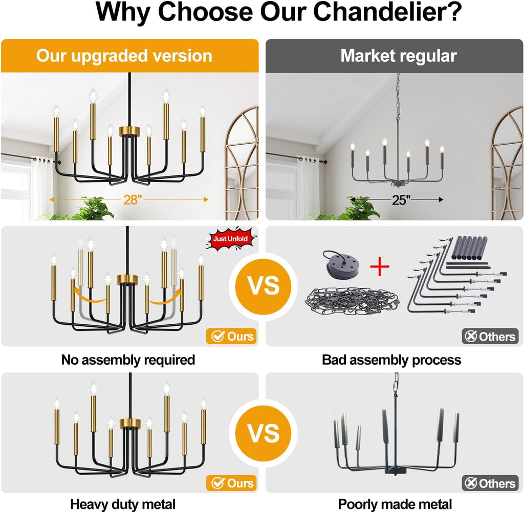 Lynnoland Black and Gold 8-Light Farmhouse Chandelier for Dining Room Lighting Fixtures Hanging, Vintage Candle Pendant Light Fixtures Chandelier for Bedroom, Foyer and Living Room