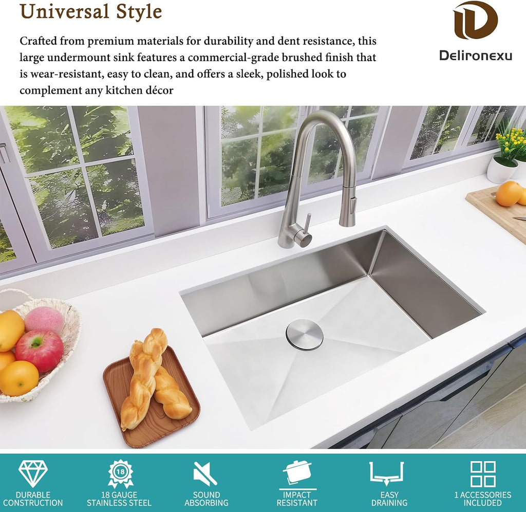 30 Inch Undermount Kitchen Sink - Delironexu 18 Gauge Stainless Steel Single Bowl Kitchen Sinks 30'x18'x9' Handmade Design with Brushed, Includes Drain Kit (No Additional Accessories)
