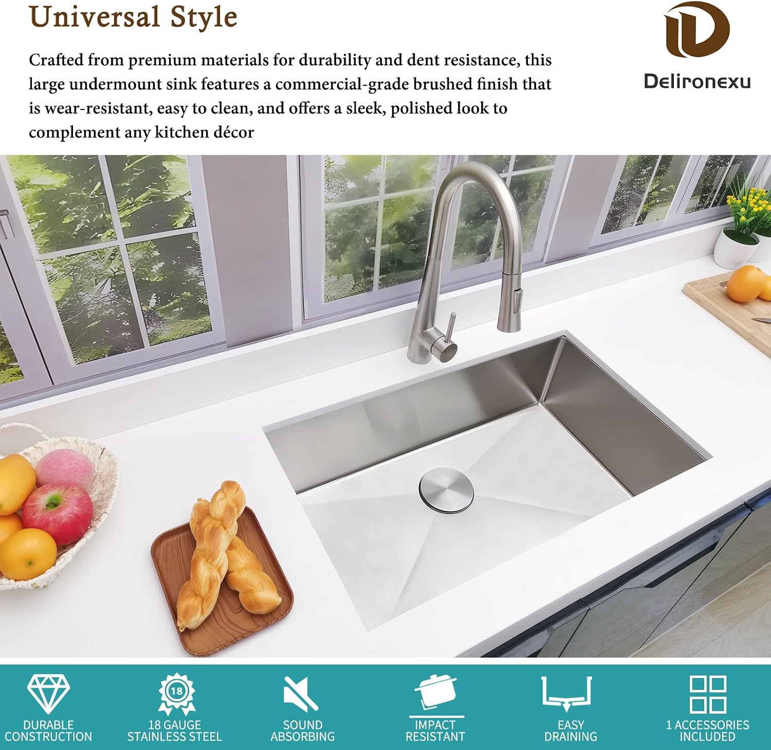 30 Inch Undermount Kitchen Sink - Delironexu 18 Gauge Stainless Steel Single Bowl Kitchen Sinks 30'x18'x9' Handmade Design with Brushed, Includes Drain Kit (No Additional Accessories)