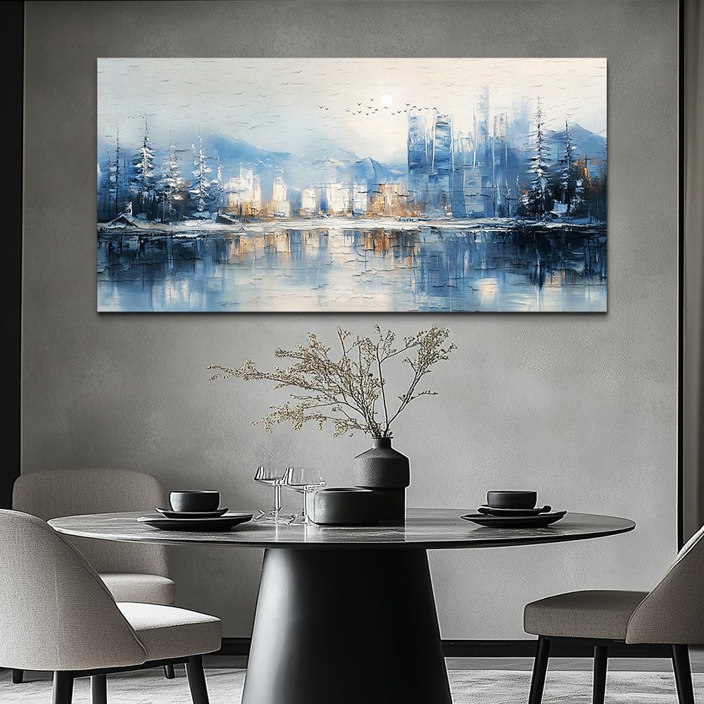 QIYILEXWART Canvas Wall Art For Living Room Large Wall Decor For Office Bedroom Decorations The Blue Lake Pictures Stretched And Framed Watercolour Abstract Painting Artwork Room Ready To Hang