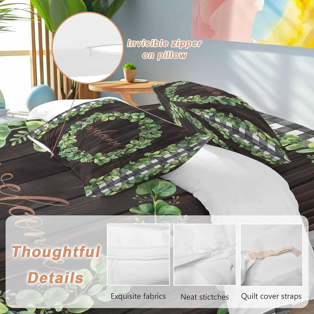Welcome Duvet Cover Set Queen Size 4 Pieces Spring Eucalyptus Leaf Plaid Farmhouses Brown Wood Bedding Set with Zipper Closure, 1 Comforter Cover 90x92 Inches 1 Flat Sheet & 2 Pillow Cases