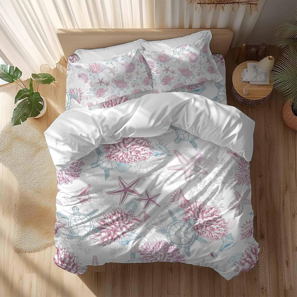 Summer Marine Life Duvet Cover Set Queen Size 4 Pieces Ocean Starfish Coral Coastal Sea Turtle Pink Bedding Set with Zipper Closure, 1 Comforter Cover 92x106 Inches 1 Flat Sheet & 2 Pillow Cases