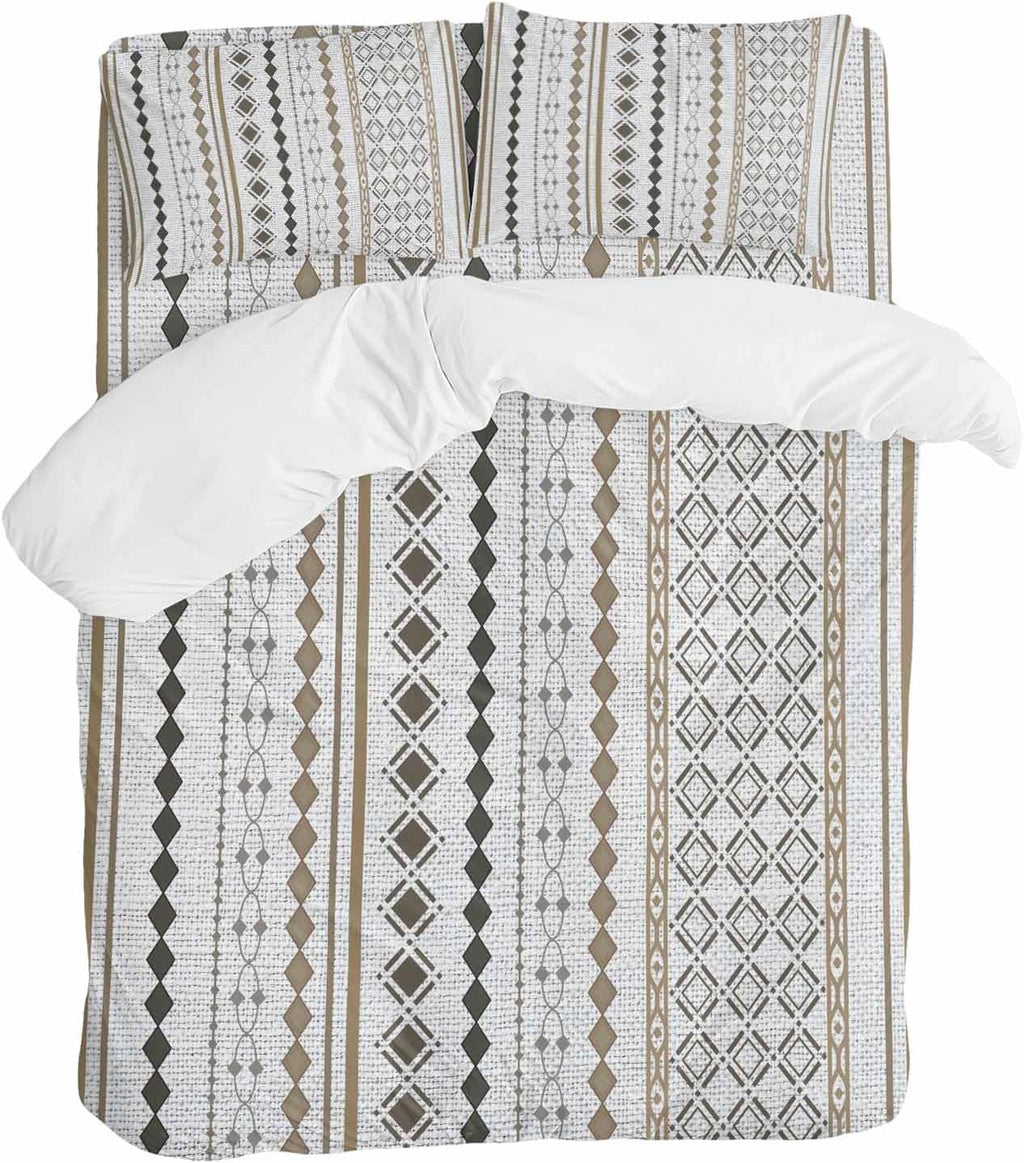 Bohemia Geometric Duvet Cover Set Queen Size 4 Pieces Brown Stripes Diamond Ethnic Linen Texture Bedding Set with Zipper Closure, 1 Comforter Cover 92x106 Inches 1 Flat Sheet & 2 Pillow Cases