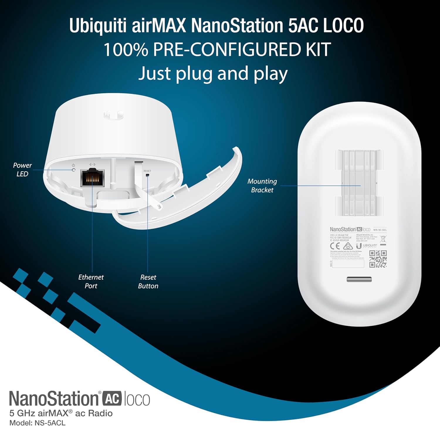 Wireless Bridge Ubiquiti LOCO5AC PRE-CONFIGURED, Bundle of 2 Ubiquiti Nanostation LOCO 5AC, Point to Point Outdoor WiFi Bridge, Plugh and Play, 5GHz, 450+Mbps, 10+km Link Range, Network Bridge