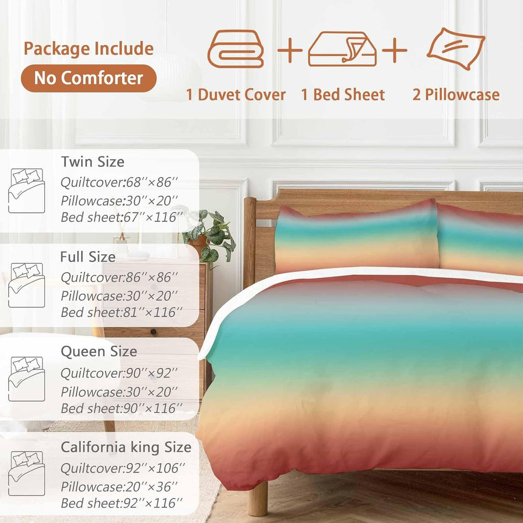 Bohemian Gradient Red Duvet Cover Set Queen Size 4 Pieces Modern Minimalist Green Yellow Ocean Beach Bedding Set with Zipper Closure, 1 Comforter Cover 92x106 Inches 1 Flat Sheet & 2 Pillow Cases