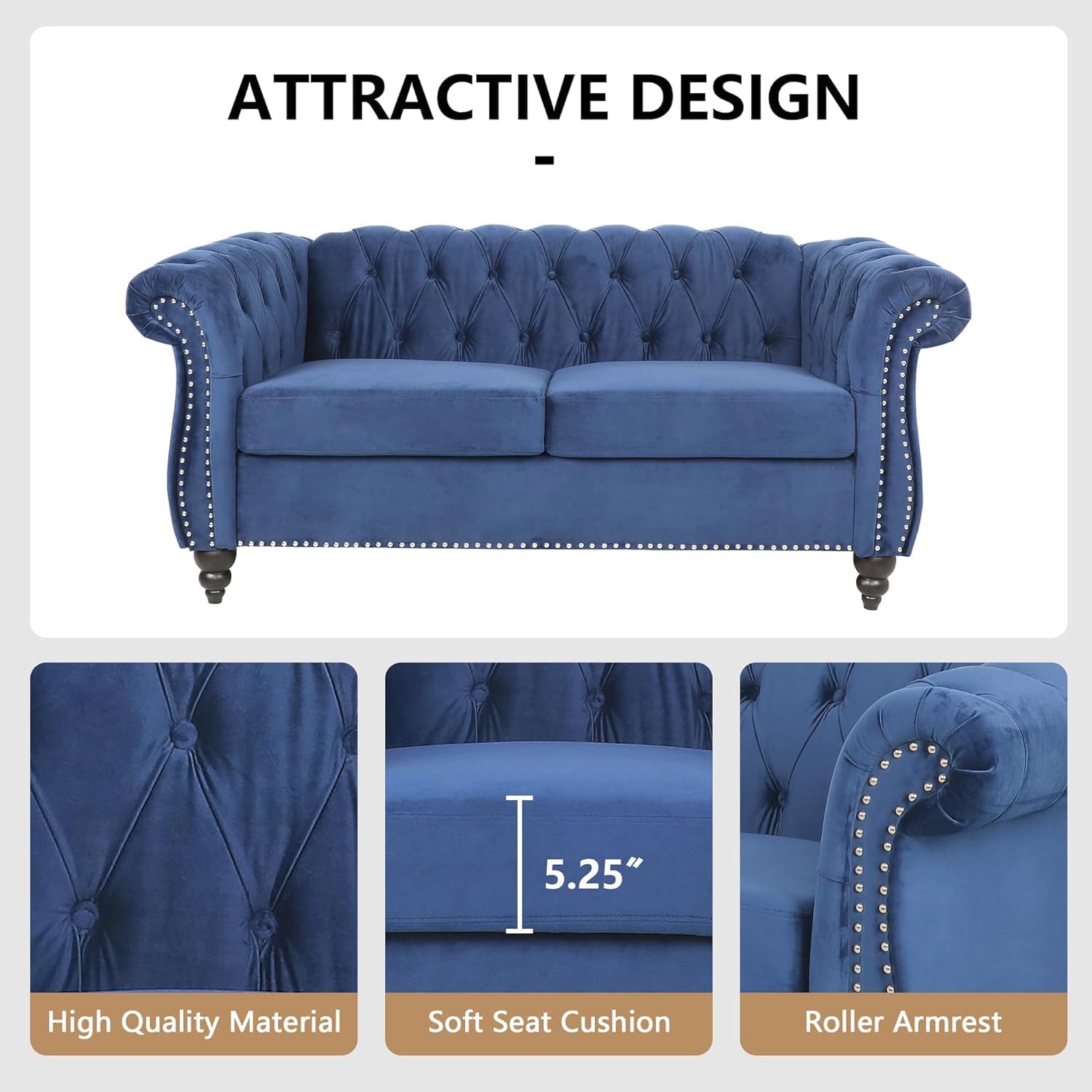 QHITTY 3 Piece Living Room Couch Set, Sectional Chesterfield Sofa Chair Contemporary Upholstered Velvet Loveseat Sofa Sets for Living Room, Office, Small Apartment