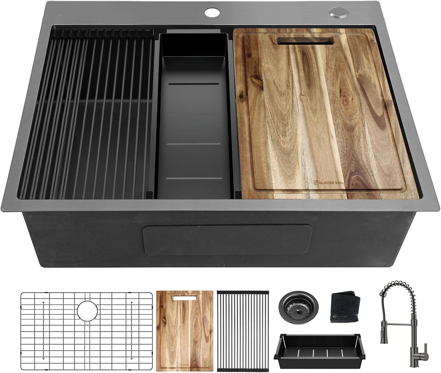 33 inch Gunmetal Black Drop-In Workstation Sink, 18 Gauge Single Bowl Topmount Stainless Steel Kitchen Sink with Spring Neck Faucet and Various Accessories