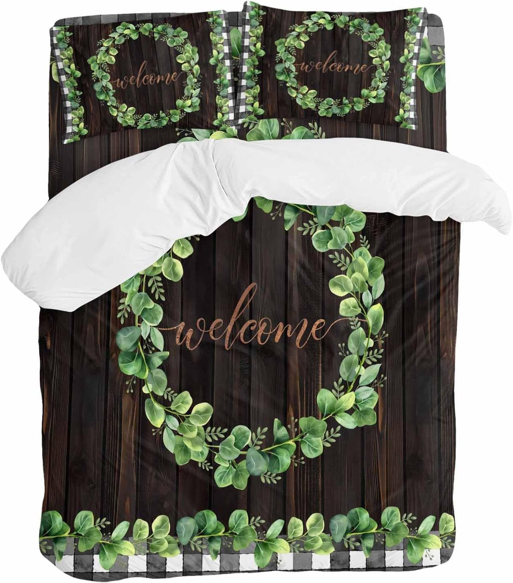 Welcome Duvet Cover Set Queen Size 4 Pieces Spring Eucalyptus Leaf Plaid Farmhouses Brown Wood Bedding Set with Zipper Closure, 1 Comforter Cover 90x92 Inches 1 Flat Sheet & 2 Pillow Cases