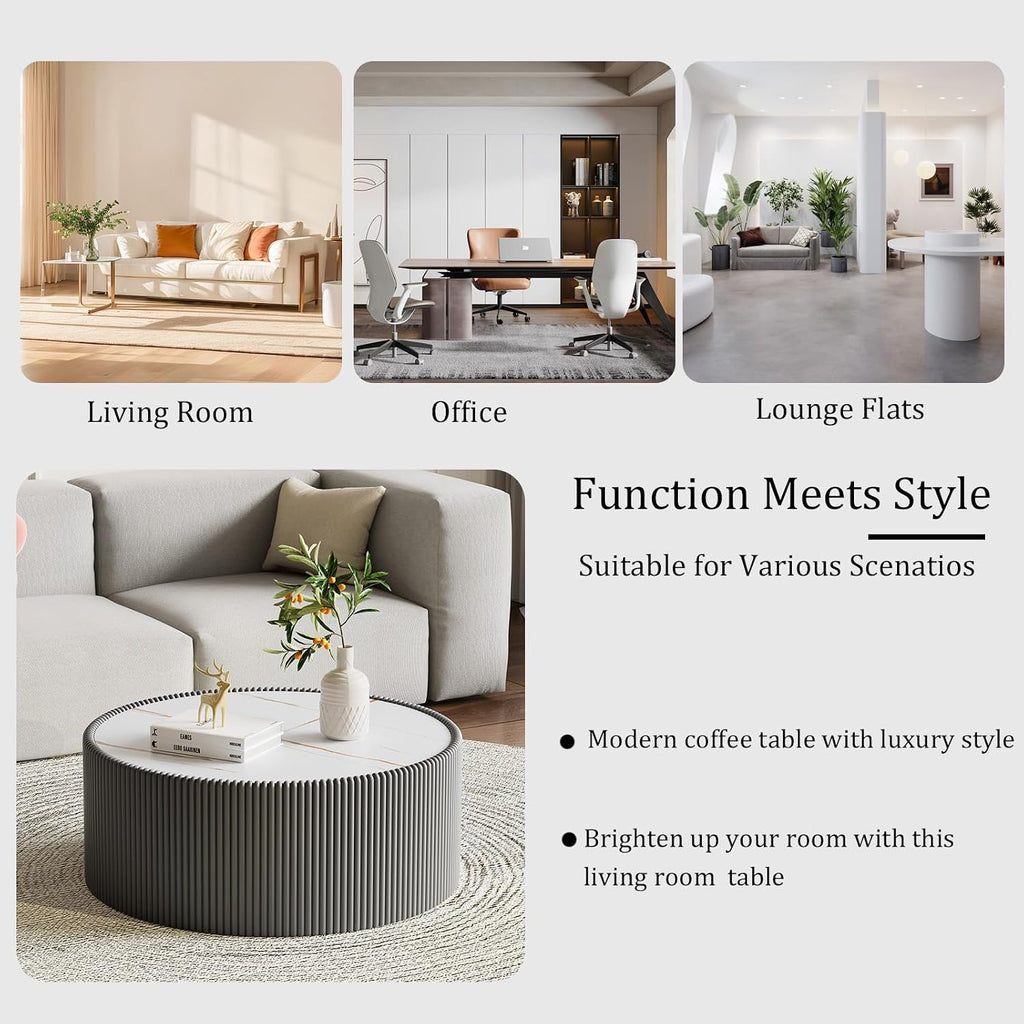 29.52' Grey Round Coffee Table, Drum Coffee Table with Sintered Stone Tabletop and Fluted PU Leather Covered and Stable Base, Circle Cocktail Tea Table for Living Room