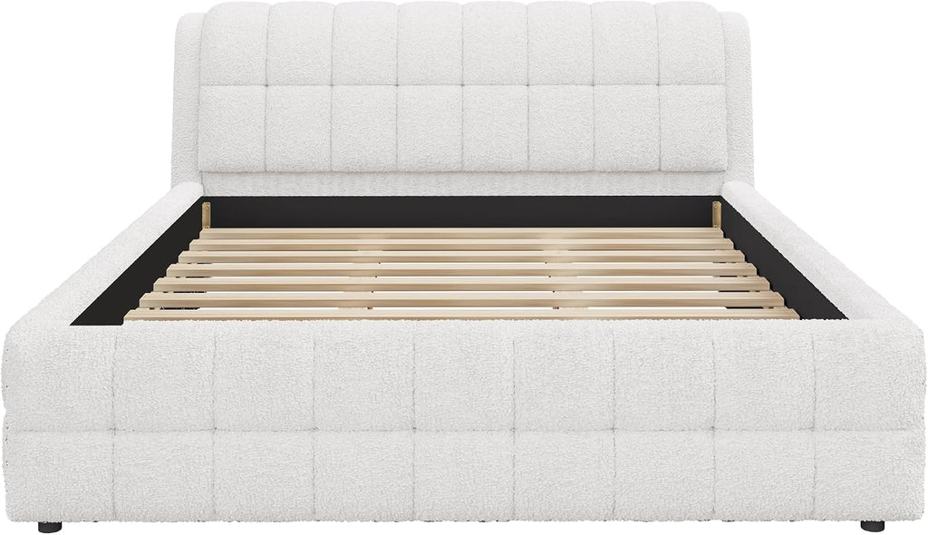 King Size Upholstered Platform Bed, Berber Fleece Bed Frame with Foam Headboard, Wood Slat Support for King Mattress, Modern Boucle Platform Bed for Master Bedroom, No Box Spring Needed, White