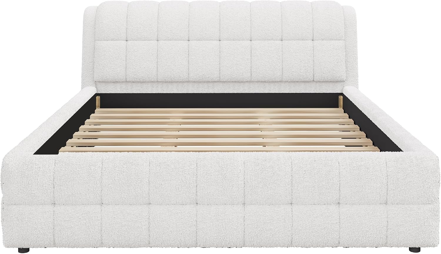King Size Upholstered Platform Bed, Berber Fleece Bed Frame with Foam Headboard, Wood Slat Support for King Mattress, Modern Boucle Platform Bed for Master Bedroom, No Box Spring Needed, White