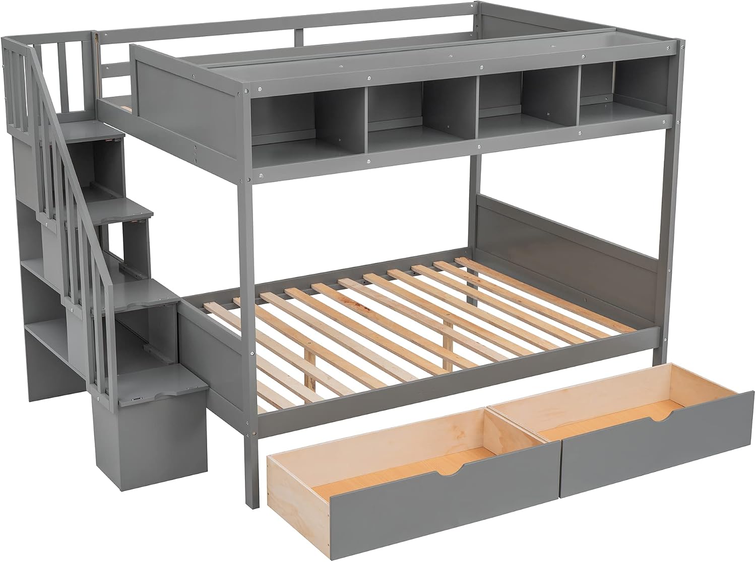 Twin Over Full Bunk Bed with Shelfs,Storage Staircase and 2 Drawers,Bedroom Solid Wood Bed Frame w/Full-Length Guardrail,Slat Support,for Kid Boy Girl Teen,Gray