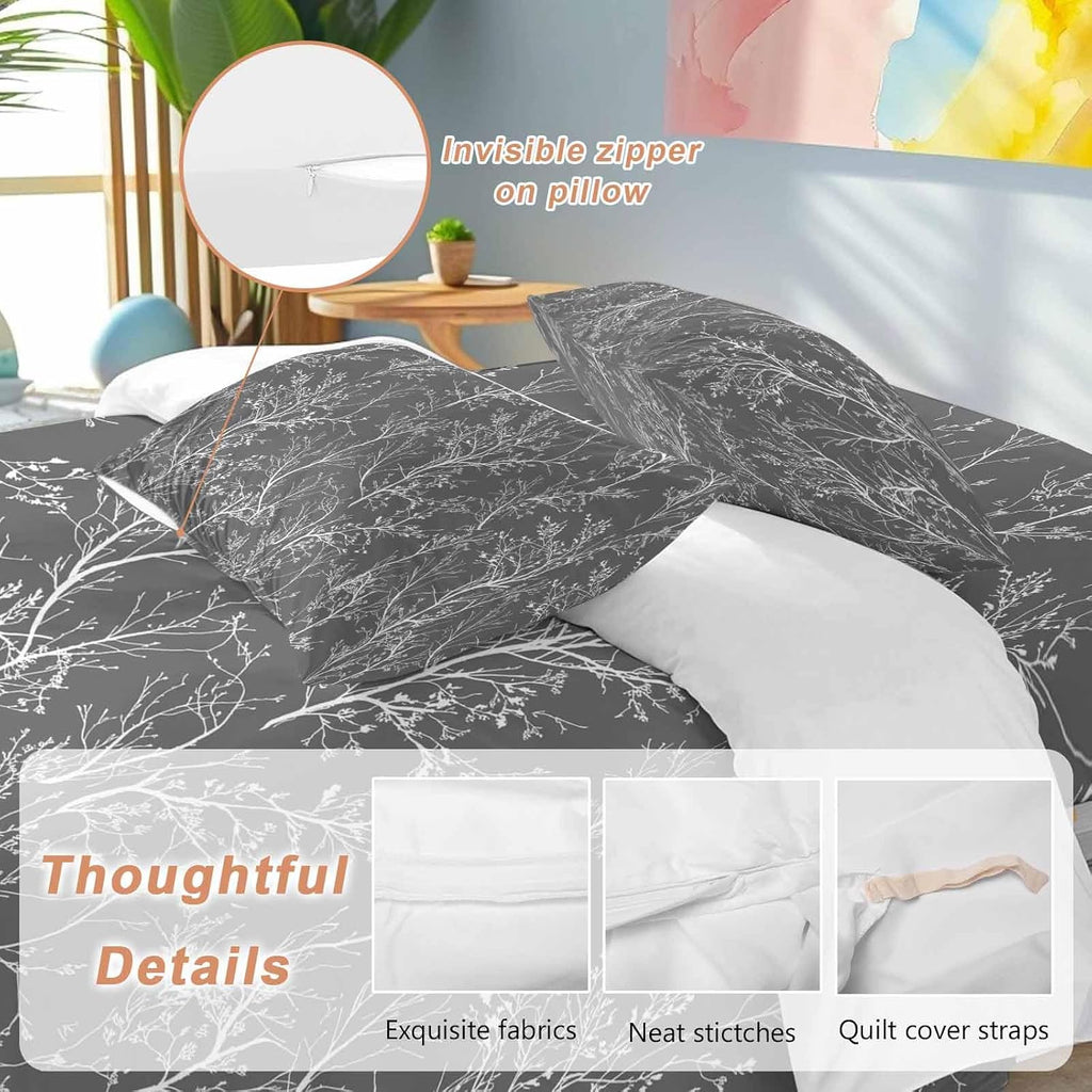 Dark Grey Duvet Cover Set Queen Size 4 Pieces White Tree Branch Botanical Abstract Plant Leaves Bedding Set with Zipper Closure, 1 Comforter Cover 92x106 Inches 1 Flat Sheet & 2 Pillow Cases