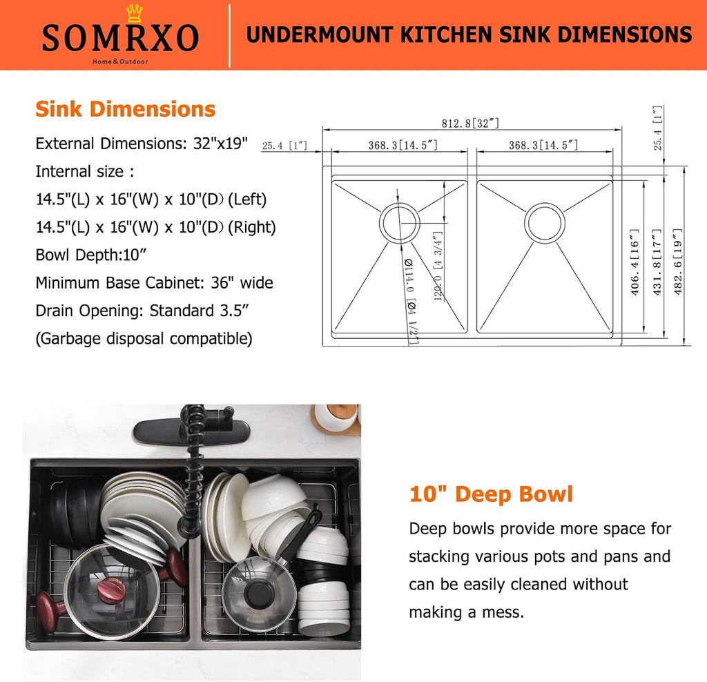 32 Inch Black Undermount Kitchen Sink Double Bowl - 32x19 Undermount Workstation Sink 16 Gauge Black Stainless Steel 10 Inch Deep Double Bowl Kitchen Sinks