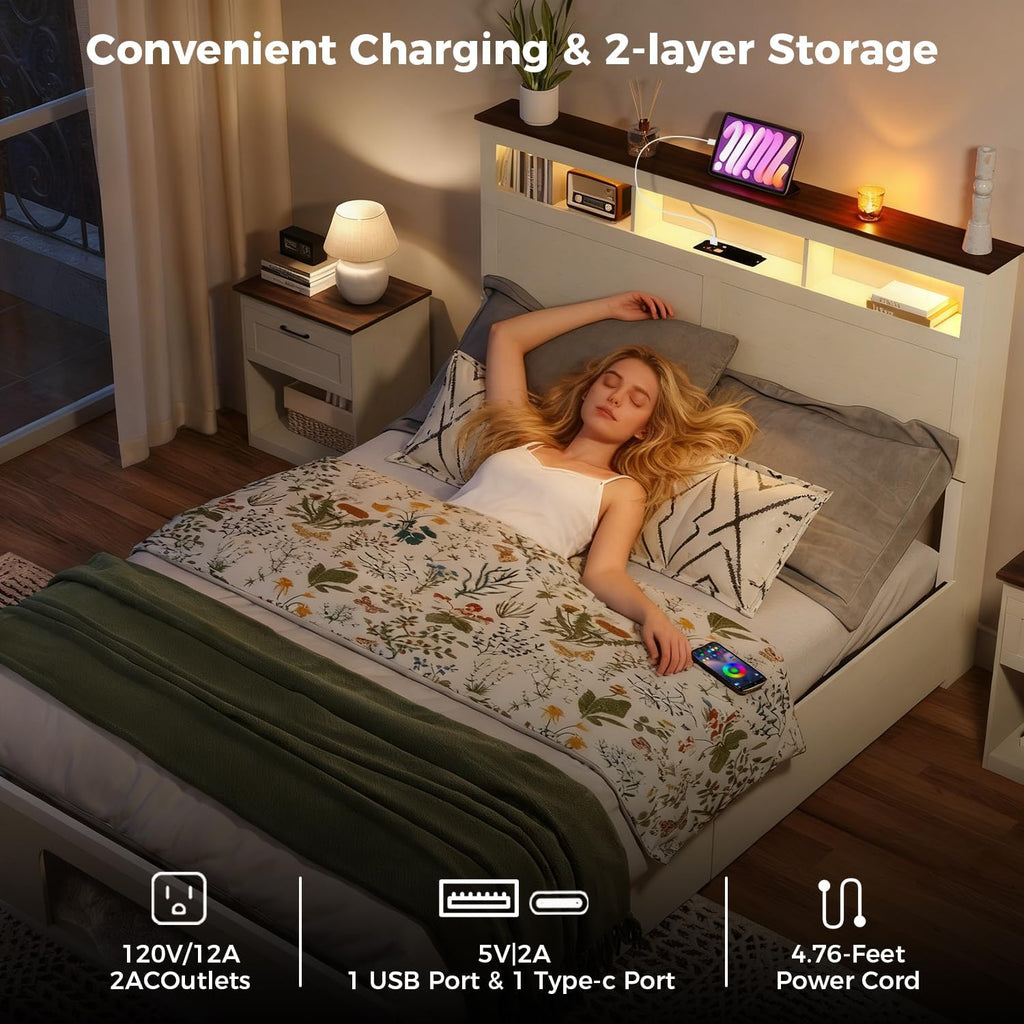 FUNKOCO Wood Queen Bed Frame with Nightstand Set of 2，Farmhouse Bed Frame with Cat & Dog Bed, Storage Headboard and 2 Drawers, LED Lights & Charging Station, Noise Free, No Box Spring Needed
