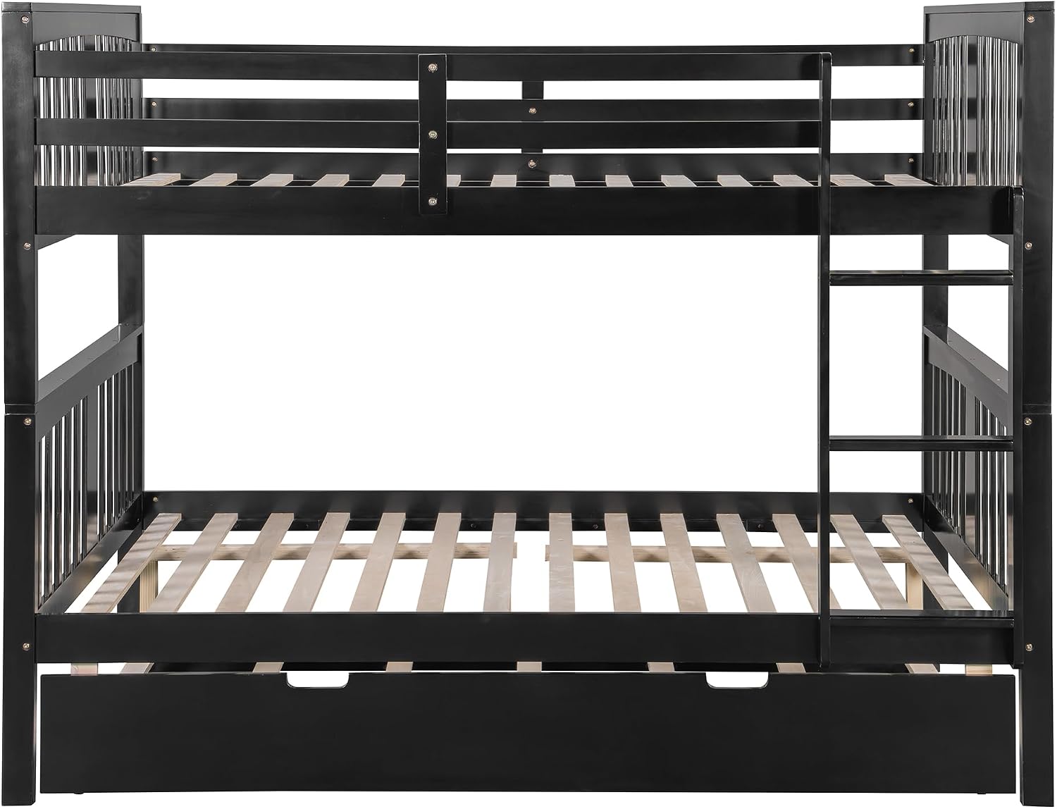Harper & Bright Designs Full Over Full Bunk Bed with Trundle, Solid Wood Bunk Bed Frame with Ladders, Bedroom Furniture, Espresso