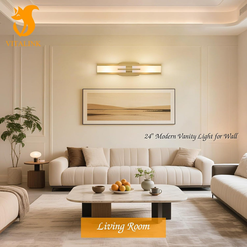 VitaLink Gold Vanity Light, 24' Modern Bathroom Wall Light Over Vanity Mirror 2-Light Hardwired Milky White Glass Wall Light for Bedroom Living Room Dining Room Hallway