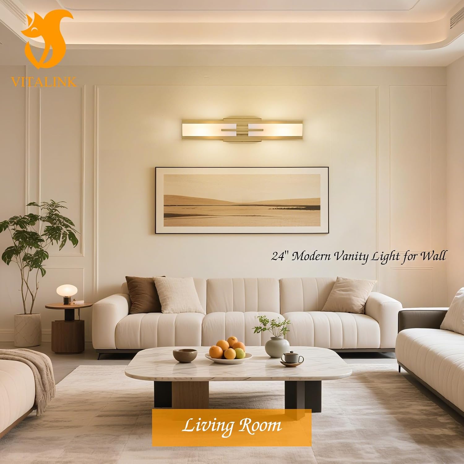 VitaLink Gold Vanity Light, 24' Modern Bathroom Wall Light Over Vanity Mirror 2-Light Hardwired Milky White Glass Wall Light for Bedroom Living Room Dining Room Hallway