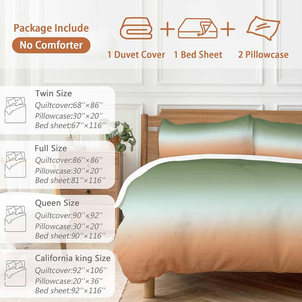 Gradient Sage Green Duvet Cover Set Queen Size 4 Pieces Modern Minimalist Green Orange Ocean Beach Bedding Set with Zipper Closure, 1 Comforter Cover 86x86 Inches 1 Flat Sheet & 2 Pillow Cases