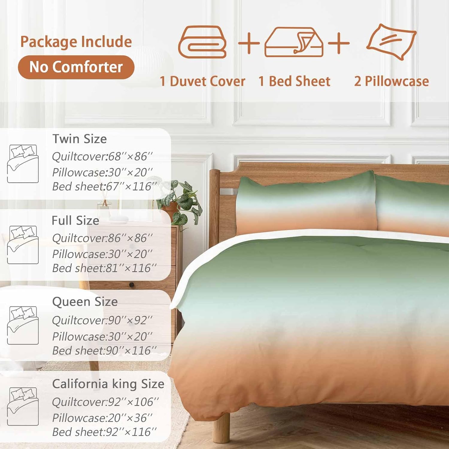 Gradient Sage Green Duvet Cover Set Queen Size 4 Pieces Modern Minimalist Green Orange Ocean Beach Bedding Set with Zipper Closure, 1 Comforter Cover 92x106 Inches 1 Flat Sheet & 2 Pillow Cases