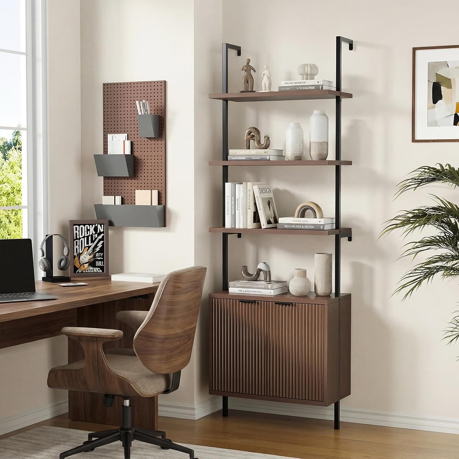Halitaa Set of 2 Walnut & Black Ladder Shelf with Storage Cabinet, Modern Ladder Bookshelf with Doors, Wall Mount Bookcase with Metal Frame, Display Shelves for Living/Bed/Bathroom, Home Office