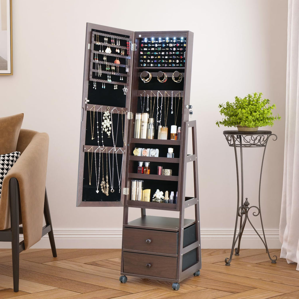 Jewelry Armoire Cabinet Organizer Standing with 20 LED Lights Lockable Full Length Mirror with Storage Shelves and 2 Drawers (Brown) Adjustable Tilt Angles Gift for Her